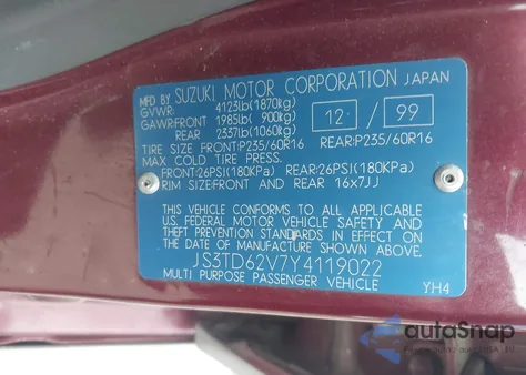 2000 Suzuki Grand Vitara Jlx/Jlx+/Limited z USA, uszkodzony, nr VIN JS3TD62V7Y4119022